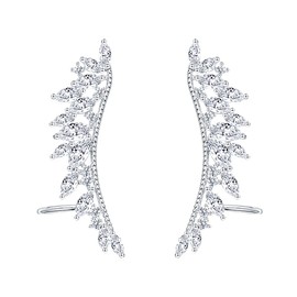CZ Feather Crystal Cuffs Ear Crawler Climber Earrings for Women Girls 925 Sterling Silver Post Pin Dainty Statement Wing Vine Wrap Sweep up Shiny Birthday Wedding Jewelry Gift Bridal