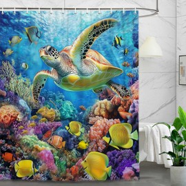 Ocean Shower Curtain, Sea Turtle Colorful Fish Ocean Nautical Coastal Themed Bathroom Curtain Sets Decor, Tropical Fishes Turtle Coral in The Deep Sea Underwater World Shower Curtain with Hooks, 72x72