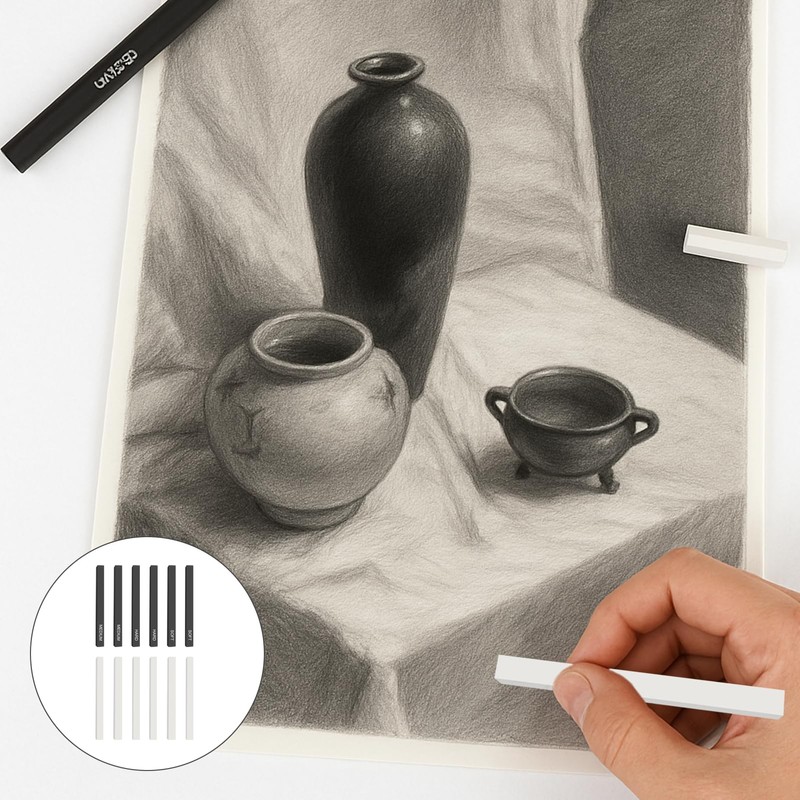 12 Pcs Graphite Sticks, Square Compressed Charcoal Sticks, Soft Willow