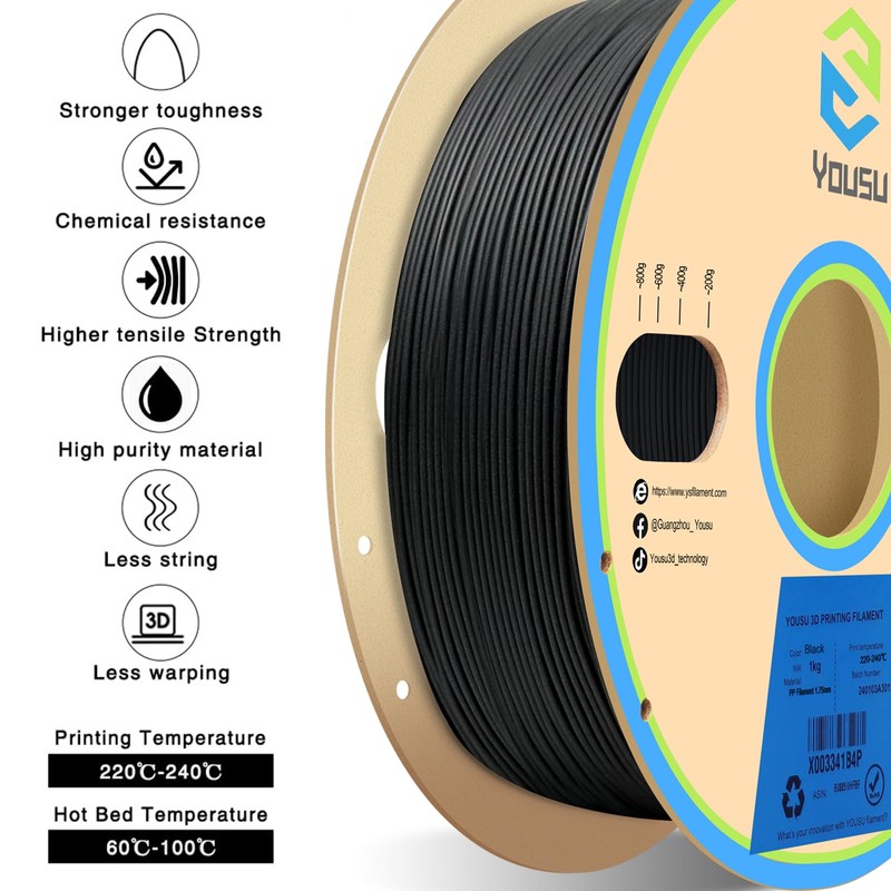 YOUSU Polypropylene PP Filament, 1.75mm 3D Printer Filament for 3D