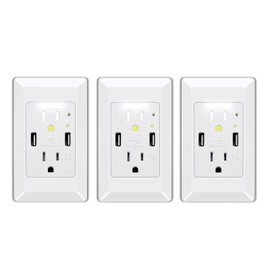 NineLeaf 4.2A Fast Charging LED Night Light USB Outlet,2 AC Outlets and 2 USB Ports with Light Sensor and Wall Plates Portable for Home White,3 Pack