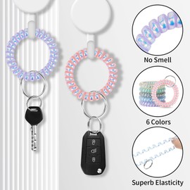 QIUTIMIY 6PCS Wristlet Keychain, Colorful Spiral Coil Hair Tie for Women, Sauna Accessories Wrist Coil Key Ring Key Holder(Dazzle-S)