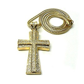 NYFASHION101 Iced Out Two Stack Pattee Cross Pendant with 4mm 36" Franco Chain Necklace, Gold-Tone