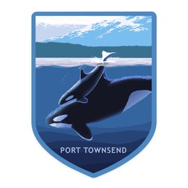 Lantern Press Sticker Port Townsend, WA, Orca and Calf, Die Cut Vinyl, (Waterproof Decal for Cars, Water Bottles, Laptops, Coolers), Small