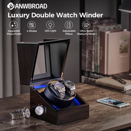 ANWBROAD Watch Winders for Automatic Watches, New Ebony-Colored Piano Lacquer Automatic Watch Winder Box, Rotating Watch Case with 4 Rotation Modes, Quiet Motor, LED for Man Woman's Watches UJWW001E