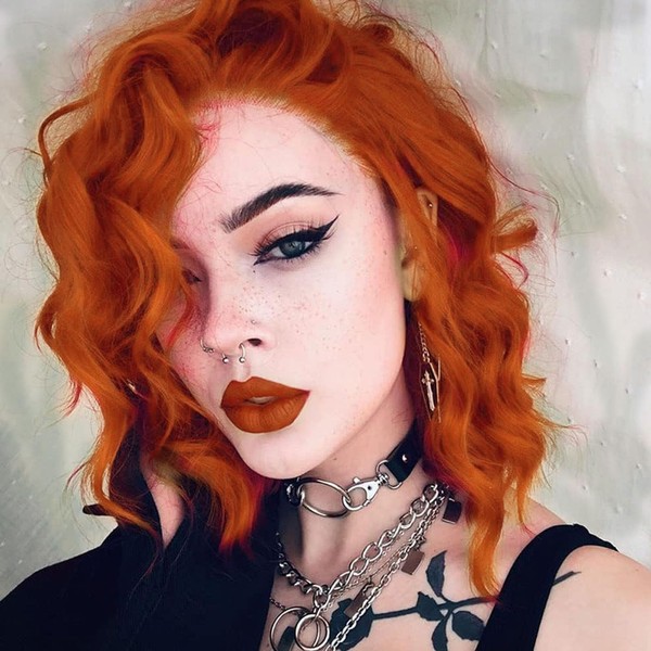 AFBeauty Short Lace Front Baby Hair Wig Ginger Orange Synthetic Loose Wavy Hair Fashion Bob Cut Wig Free Part Shoulder Length Heat Resistant Gluleless Lace Frontal Wigs for Women Coaplay 12 Inch