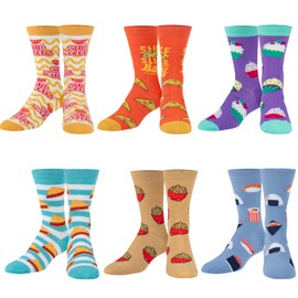 Crazy Socks, Funky Junk Food, Pizza, Tacos Themed Crew Socks for Ladies, 6 Pair