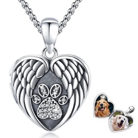 Eusense Photo Necklace, 925 Silver Locket for Pictures, Dog Paw Locket Pendant, Heart Photos Jewellery for Women Girls
