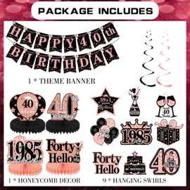 40th Birthday Decorations Banner Women - 15 Pcs Rose Gold Banner Swirls Honeycomb Centerpieces Table Decor For Vintage 40 Year Old Anniversary Party Supplies