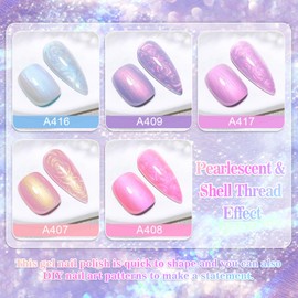 YSUVIN UV Nagellack Pearl, 5 Farben Weiß Blau Rosa Shimmer Pearl Effect Spirale Gel Nagellack mit Stick den Kreis, Thread Shell Gellack Soak-Off UV für DIY Nail Art Maniküre Salon, 8ML