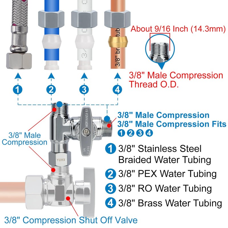 Brass Angle Stop Add-A-Tee Valve,3/8 x 3/8" x 3/8 Compression