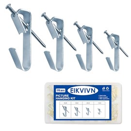 Picture Hangers Holds 10-50lbs, 170pcs Picture Hanging Kit, Eikvivn Picture Hooks with Nails, On Dry Wall, Wooden Wall