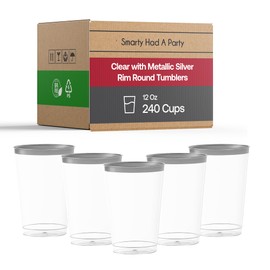 Smarty Had A Party 12 oz Tumblers – 240 Clear Disposable Cups with Silver Rim | Elegant Plastic Tumblers for Cocktails, Iced Coffee & Smoothies | Perfect for Parties & Events, Sturdy Drinkware