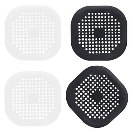 Square Drain Strainer Covers for Shower, Sink, Tub, Floor, 4-Pack Flexible Silicone Drain Strainers with Suction Cup for Hair, Residue, Debris Blockage (Black, White)