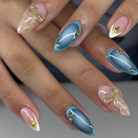 24Pcs Fall Almond Press on Nails Medium Fake Nails with Designs White French Tip False Nails with 3D Gold Bow Star Design Blue Almond Nails Press ons Full Cover Stick on Nails for Women Girls