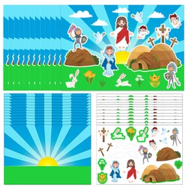 Qpout 12 Sets Religious Jesus Easter Scene Craft Kits,Easter Crosses He is Risen Hanging Ornaments with Stickers for Spring Christian Sunday School DIY Activities