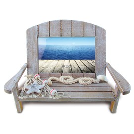 Puzzled Wooden Beach Chair Picture Frame with Starfish & Fishing Net, 6 x 4 Inch Sculptural Photo Holder Intricate Wood Art Handcrafted Tabletop Accessory Nautical Beach Themed Home Accent Décor