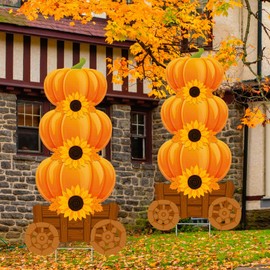 Thyle 2 Pack Fall Pumpkins Yard Signs with Stakes 28 Inch 3 Stacked Pumpkins Rustic Autumn Harvest Outdoor Decorations Large Fall Garden Lawn Patio Signs with Stakes for Thanksgiving Holiday Party