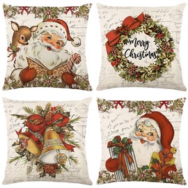 NEWLIGHTURE Christmas Pillow Covers Santa Claus Reindeer Decorative Throw Pillow Covers Winter Retro Farmhouse Vintage Decoration for Home 18x18 inch Set of 4