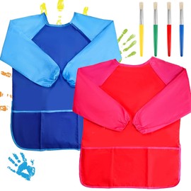 Cabaubl 2 Pack Kids Art Smocks,Toddler Art Smock,Artist Painting Aprons Long Sleeve with 3 Pockets,Waterproof Toddler Painting Smock,Kids Art Aprons with 8 Paint Brushes for Painting(2 Colors)