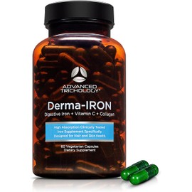Derma-Iron Supplement for Women and Men - Iron blood builder pills for hair and skin with Collagen and natural Vitamin C, low iron and ferritin, thinning hair, hair loss support