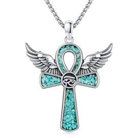 Midir&Etain Ankh Pendant Necklace 925 Sterling Silver Turquoise Cross Necklace Religious Egyptian Amulet Jewelry for Men Women, 38*20mm, Sterling Silver, No Gemstone
