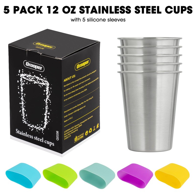 Qrooper Stainless Steel Cups, 12 Oz Metal Drinking Glasses for