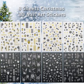 Snowflake Nail Art Stickers 3D Acrylic Sticker Nail Decals Luxurious White Sliver Gold Snowflake DIY Christmas Manicure Foils Decor New Years Party Nail Art Supplies for Acrylic Nail Art, 8 Sheets