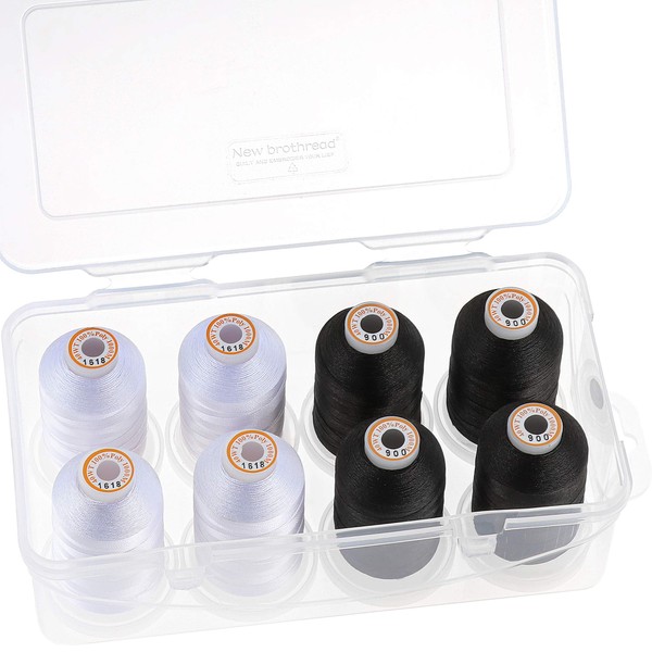 New brothread Polyester Machine Embroidery Thread 1000m with Clear Plastic Storage Box for Embroidery & Quilting - 4xWhite+4xBlack