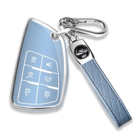 QBUC QBUC for Chevy Key Fob Cover with Keychain Soft TPU Protection Case Compatible with 2021-2025 Chevy Tahoe Suburban GMC Yukon Denali Silverado 6-Buttons(Chrome Trim Blue)