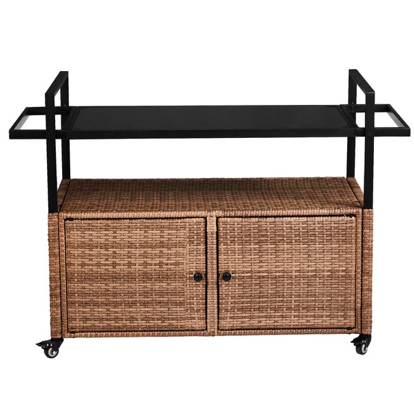 Ynredee Outdoor Bar Cart,Outdoor Kitchen Wicker Island Rolling Cart,Patio Bar