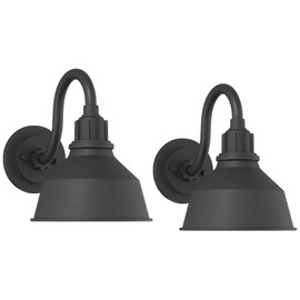 Franklin Iron Works Arnett Rustic Industrial Outdoor Wall Light Fixtures Set of 2 Black Metal Gooseneck Arm 8" Downlight Shade for Post Exterior Barn Deck House Porch Yard Patio Garage Garden
