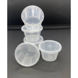 4oz Round Plastic Food Containers Lids Deli Pot or Sauce Take Away Chutney Ketchup Restaurant Jelly Shot & Dessert Cups Re-Usable (100 Pack)