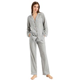 XINJU Womens Pajama Sets 100% Gauze Cotton Linen Like Long Sleeve Pajama Set Super Soft Pjs Comfy Button Down Sleepwear Loungewear (Long Sleeve, Light Grey, Large)