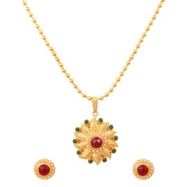 Touchstone Indian Bollywood Traditional Studded Style Leafy Motif Faux Pearls Faux Ruby Faux Emerald Round Shape Designer Jewelry Pendant Set In Gold Tone For Women.