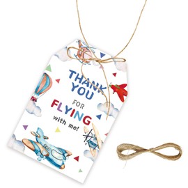 50pcs Airplane Thank You Tags, Plane Gift Tag with String for Baby Shower Party, Thank You Paper Tags for Boy Birthday/Adventure Begin Party Favors