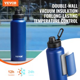 VEVOR 40 oz Insulated Water Bottle, Stainless Steel Camping & Hiking Hydration Flask with Wide Mouth Lid, Sports Coffee Cup Double Walled, Leakproof, for Indoor/Outdoor Use,Blue