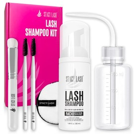 STACY LASH Lash Shampoo 50ml Kit Foaming Cleanser with Eye Lash Spoolies & Rinse Bottle & Cleansing Pad & Brush for Eyelash Extensions & Clusters & Natural Eyelashes