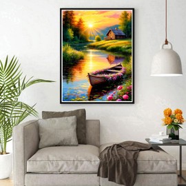 DPHERO DIY Hut Diamond Painting Kits Pictures for Adults Beginners, 5D Boat Diamond Painting Set, DIY Round Stones Sunset Reflection Diamond Art Kits, Diamond Art for Home Decor 30 x 40 cm