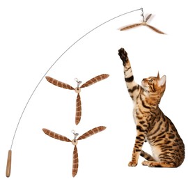 Lystaii Cat Wand Toys, Interactive Cat Feather Toys with 3 Feather Refills with Bell Steel Wire Cat Toy for Indoor Cats Wood Handle Cat Teaser String Toy Feather Propeller for Kitten (Piebald)
