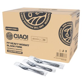 CIAO! 7.3" Black Fork Heavy Weight Polypropylene Individually Wrapped (Case of 1,000)