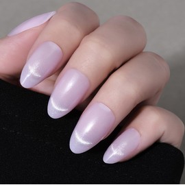 Cat Eye Press on Nails Short Almond - Light Purple Shimmer Glossy French Tip Press on Nails Gift, Soft Gel Press Glue On Nail with Nail Glue, Supremely Fit Full Cover Reusable Acrylic Fake Nails Kit