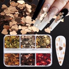 6 Grids 3D Heart Nail Art Stickers Glitter Decals Love Nail Sequins Gold Red Rose Gold Heart Nail Glitter Flakes Valentine's Day Nail Art Stickers Shiny Heart Glitter Design for Acrylic Nail Supplies