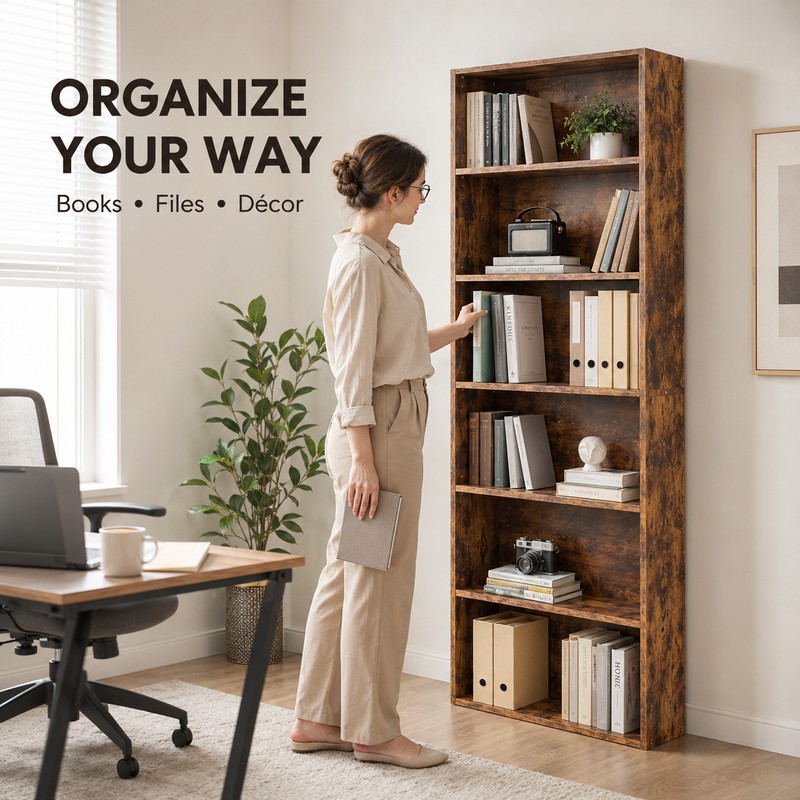 6-Tier Wood Bookcase, 63-Inch Tall Bookshelf with Anti-Tip Device, Floor