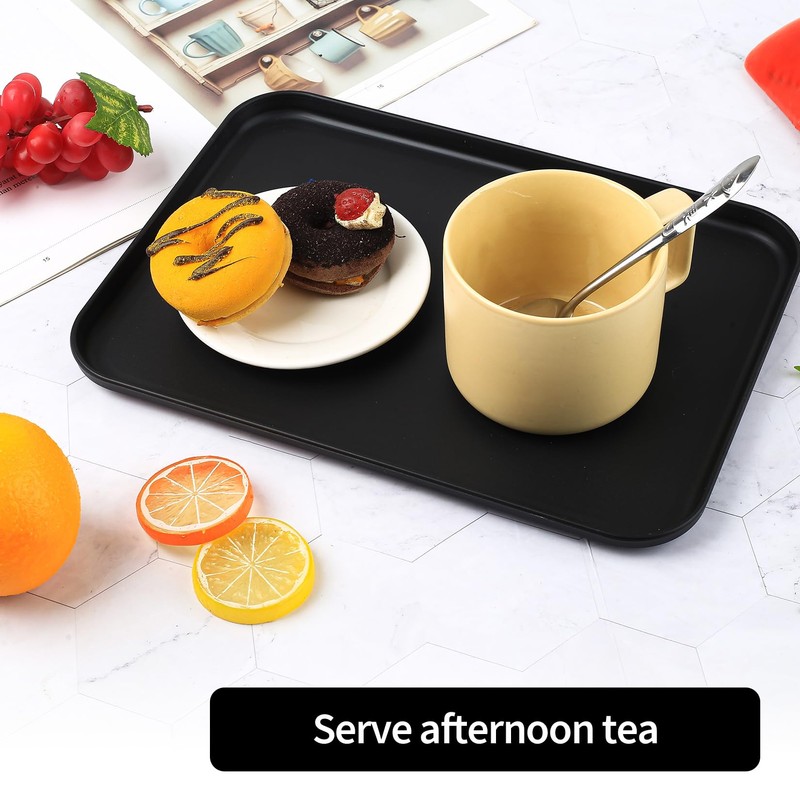 2‑Pack Black Non‑Slip Rectangular Plastic Food Serving Trays 12.2×8.9in