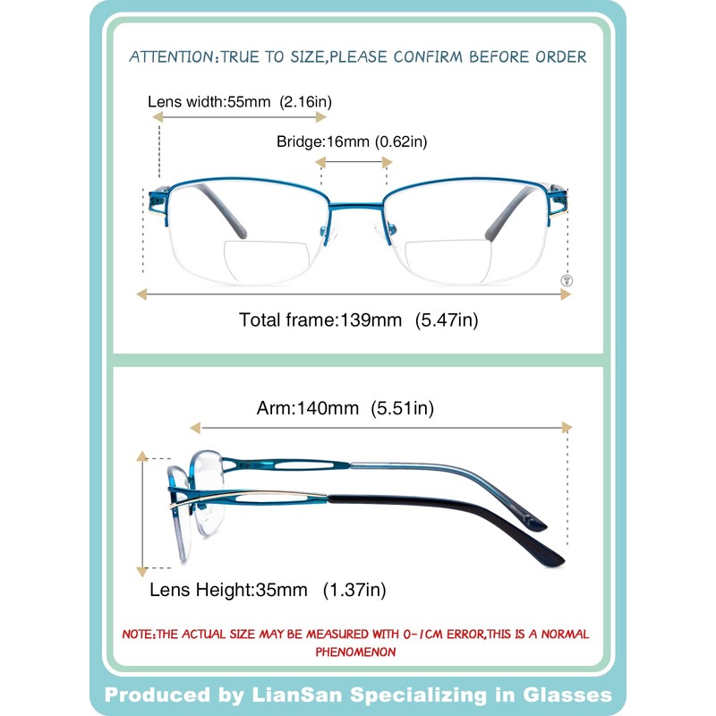 LianSan Metal Bifocal Reading Glasses for Women,Stylish Half Rim Zero