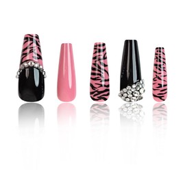 Dikixe Extra Long Coffin Pink Leopard Glossy Press On Nails with Rhinestone, 24 Pcs Handmade Durable Salon Reusable Acrylic Fake Nails for Women Girls