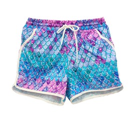Girls Athletic Board Shorts Summer Cute Beach Tropical Hawaiian Shorts Mermaid Scale Trunks 5-6 Years