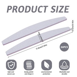 Griwuut Pack of 50 Nail Files 100/180 Half Moon Professional Nail Files Natural Nails Fine Set Double-Sided Emery Board Manicure Tools for Nail Grooming and Styling