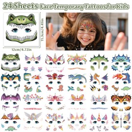 Partywind 24 Styles Face Temporary Tattoos for Kids, Dinosaur Fake Tattoo Stickers for Boys Girls Party Supplies Favors, Face Tattoos for Birthday Games, Kids Goodie Bag Stuffers